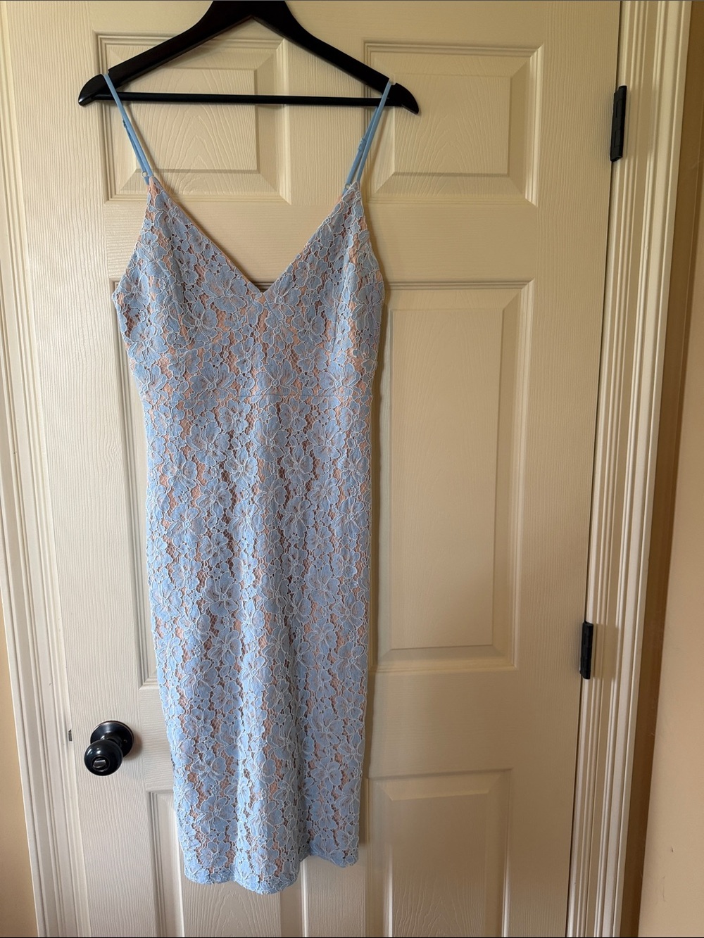 Just Me Pale Blue Lace Midi Slip Dress with Nude Underlay
